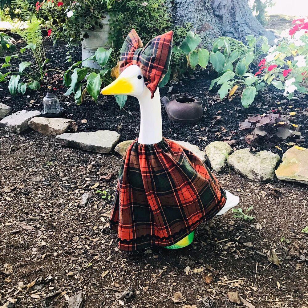Porch Goose Dress & Bow Outfit For 18-23" Goose Handmade Fall Orange Black Plaid - Picture 9 of 13